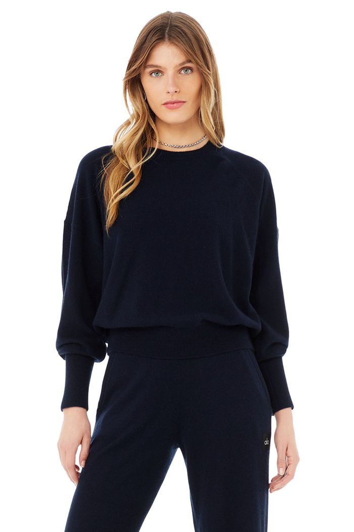 Alo Yoga Cashmere Jet Set Crew Long Sleeve Dam Marinblå | 9783165-GV