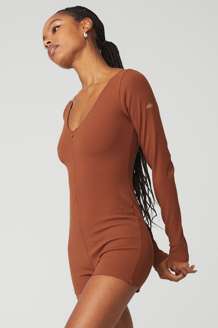 Alo Yoga Keep It Sleek Ribbed Onesie Bodysuit Dam Röda | 1806354-KF