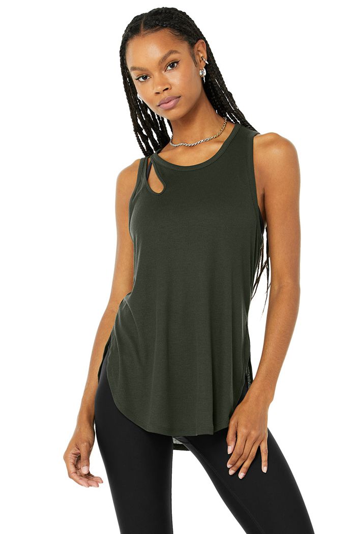 Alo Yoga Ribbed Peak Tank Tops Dam Mörkgröna | 8325194-NX