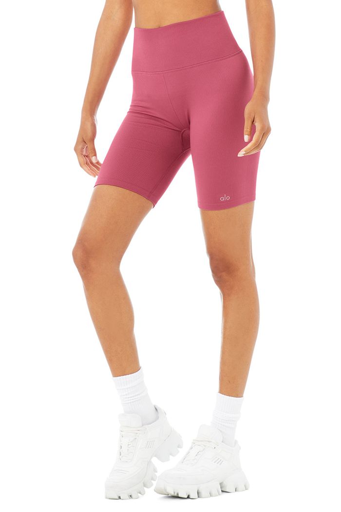 Alo Yoga Seamless High-Midja Ribbed Biker Short Dam Lila | 8421693-KI