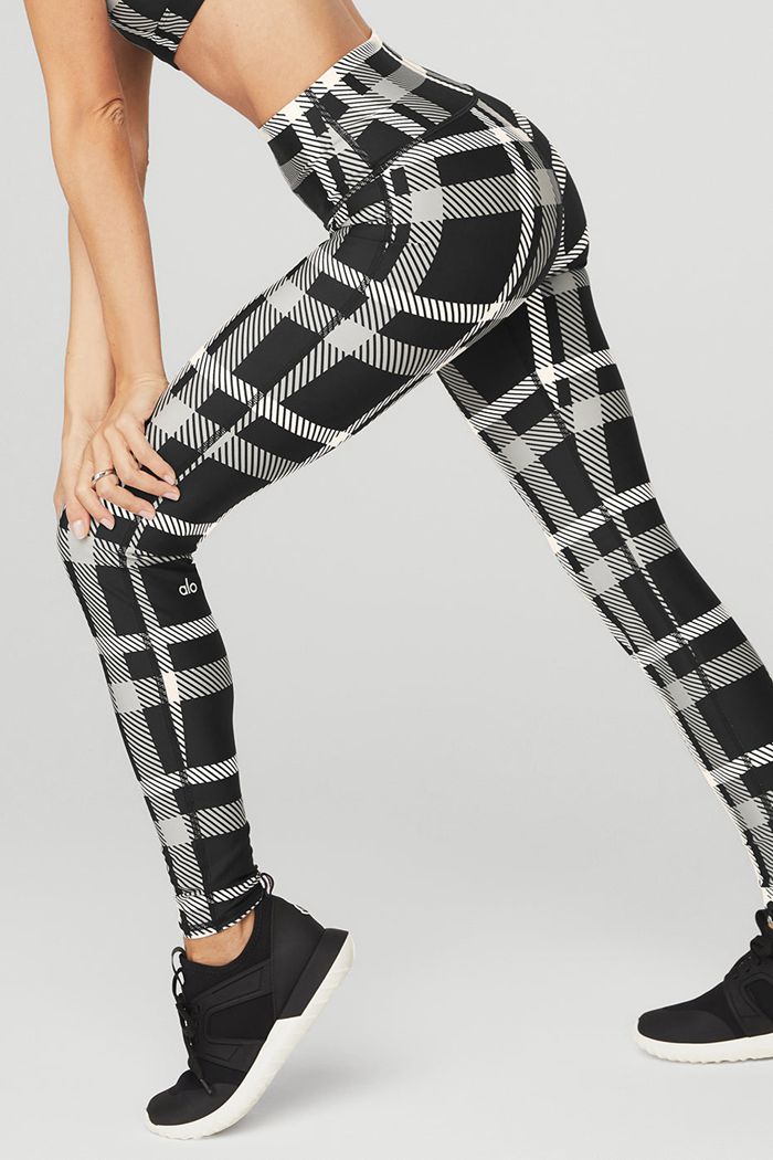 Alo Yoga Airlift High-Midja Magnified Plaid Leggings Dam Svarta Vita | 0715429-JD