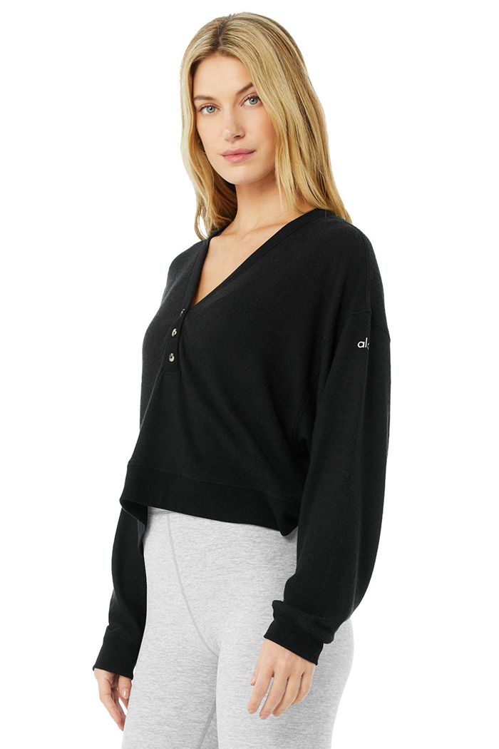 Alo Yoga Alolux Soho Crop Henley Long Sleeve Dam Svarta | 2456318-PC