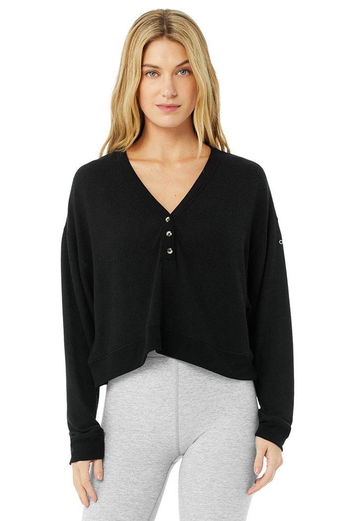 Alo Yoga Alolux Soho Crop Henley Long Sleeve Dam Svarta | 2456318-PC