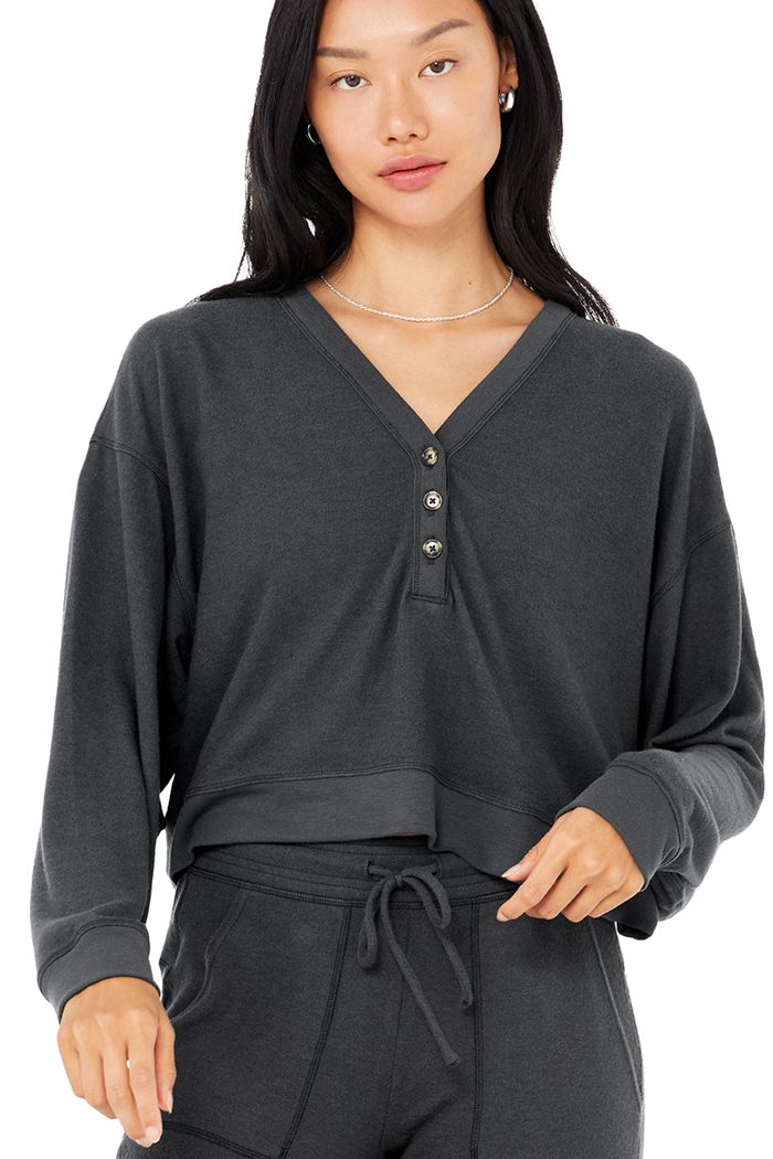 Alo Yoga Alolux Soho Cropped Henley Long Sleeve Dam Mörkgrå | 6503917-RX