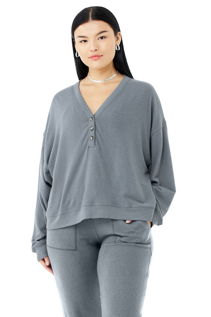 Alo Yoga Alolux Soho Cropped Henley Long Sleeve Dam Grå | 8216745-XY