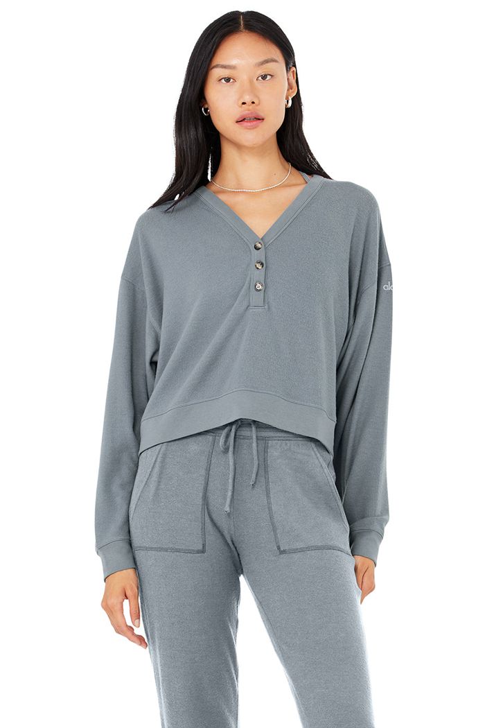 Alo Yoga Alolux Soho Cropped Henley Long Sleeve Dam Grå | 8216745-XY