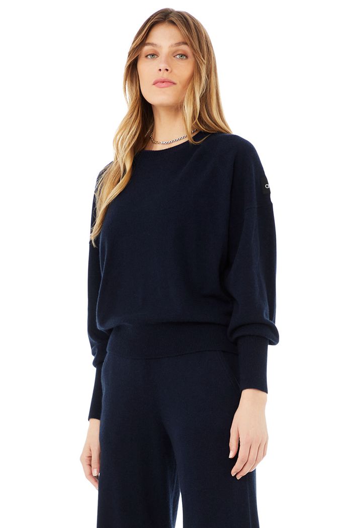 Alo Yoga Cashmere Jet Set Crew Long Sleeve Dam Marinblå | 9783165-GV