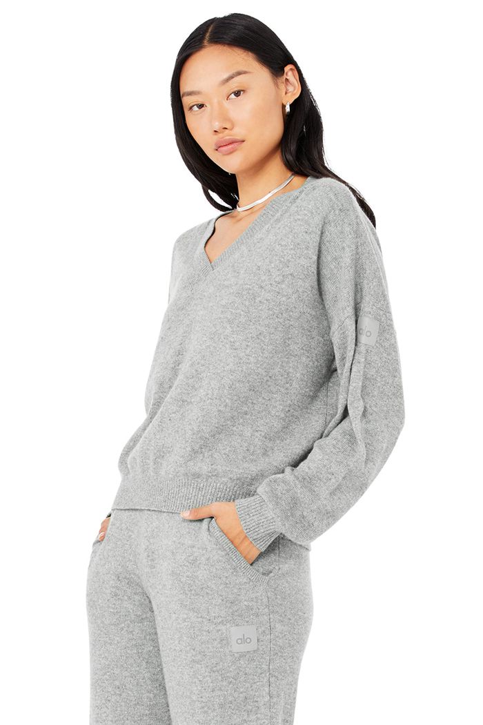 Alo Yoga Cashmere Jet Set V-Neck Sweatshirt Dam Grå | 2791356-YE