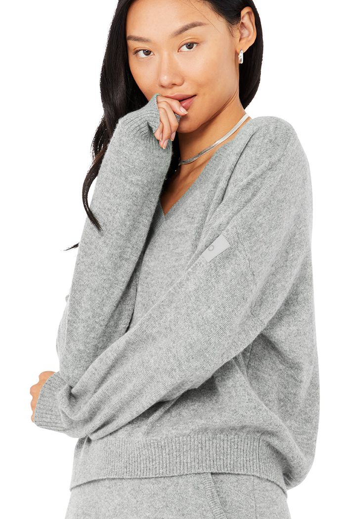 Alo Yoga Cashmere Jet Set V-Neck Sweatshirt Dam Grå | 2791356-YE