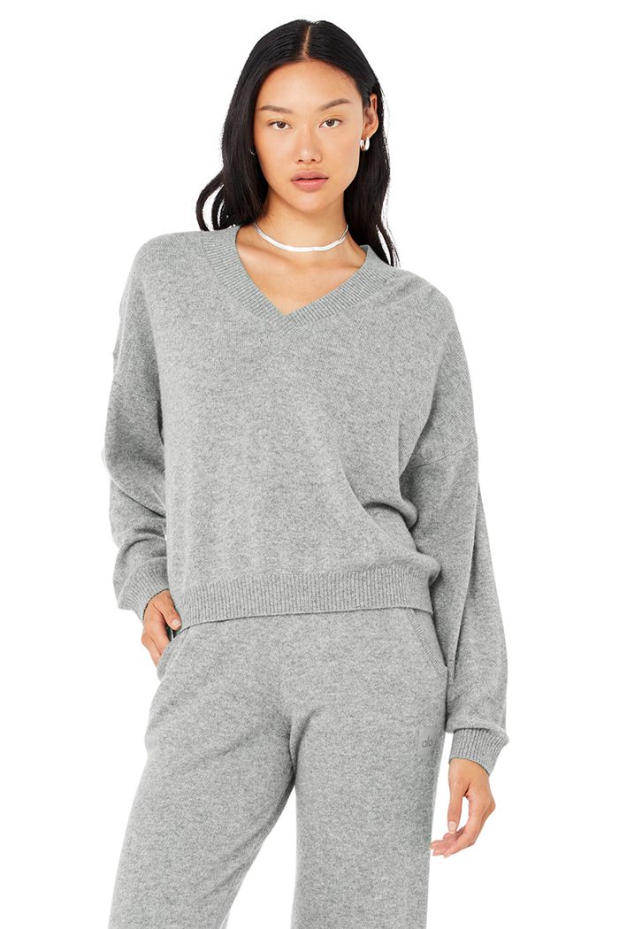 Alo Yoga Cashmere Jet Set V-Neck Sweatshirt Dam Grå | 2791356-YE