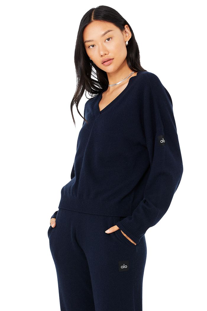 Alo Yoga Cashmere Jet Set V-Neck Sweatshirt Dam Marinblå | 3748102-SD