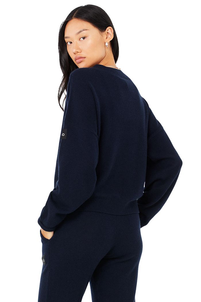 Alo Yoga Cashmere Jet Set V-Neck Sweatshirt Dam Marinblå | 3748102-SD