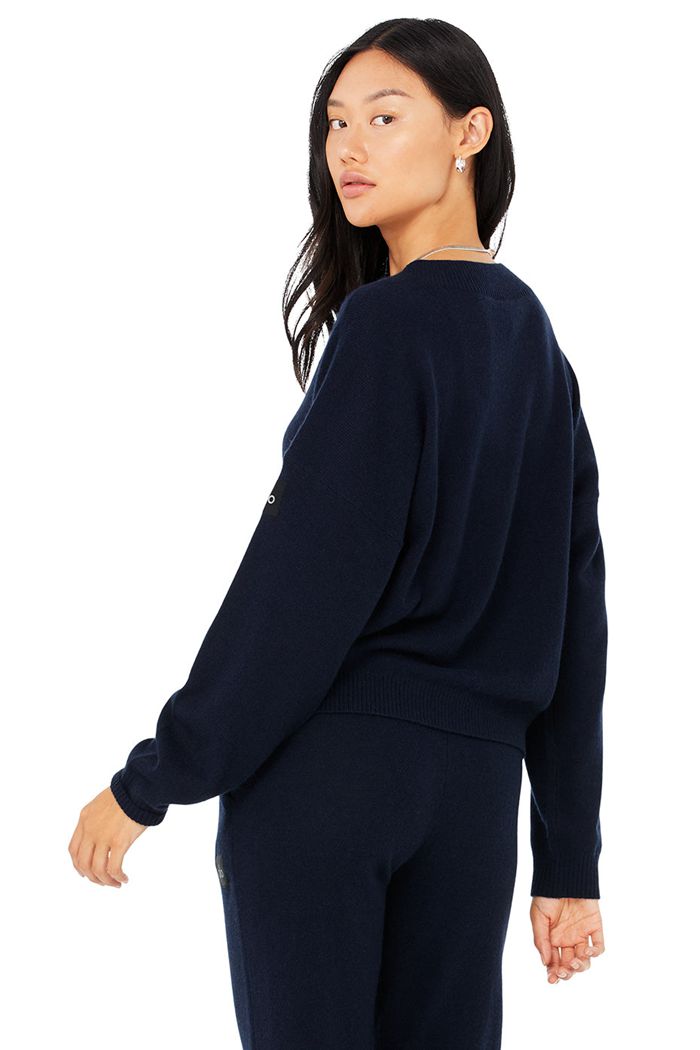 Alo Yoga Cashmere Jet Set V-Neck Sweatshirt Dam Marinblå | 3748102-SD