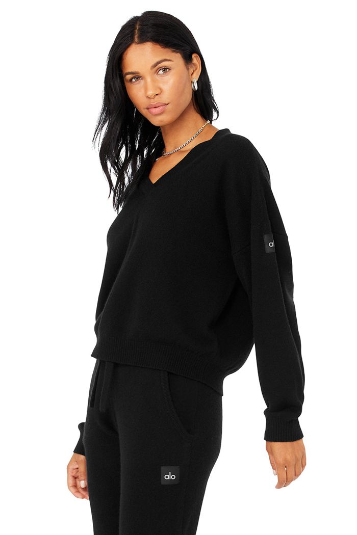 Alo Yoga Cashmere Jet Set V-Neck Sweatshirt Dam Svarta | 6158032-ZY