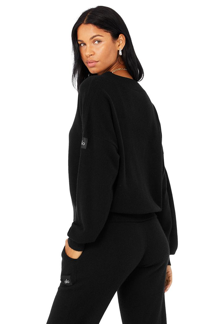 Alo Yoga Cashmere Jet Set V-Neck Sweatshirt Dam Svarta | 6158032-ZY