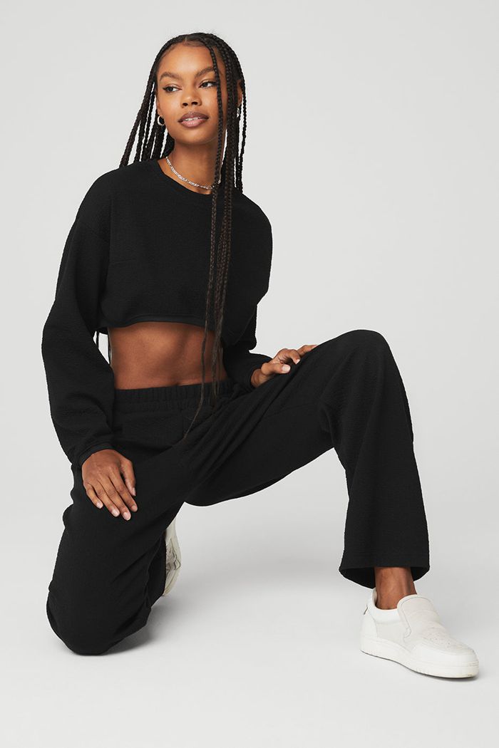 Alo Yoga Cropped Tailored Crew Neck Long Sleeve Dam Svarta | 1073295-HI