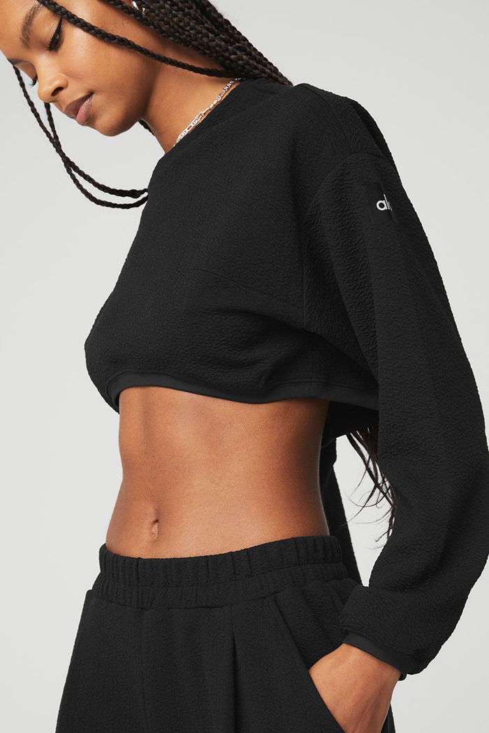 Alo Yoga Cropped Tailored Crew Neck Long Sleeve Dam Svarta | 1073295-HI