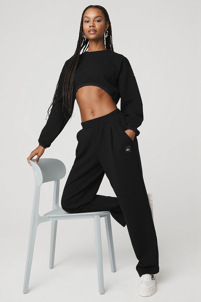 Alo Yoga Cropped Tailored Crew Neck Long Sleeve Dam Svarta | 1073295-HI