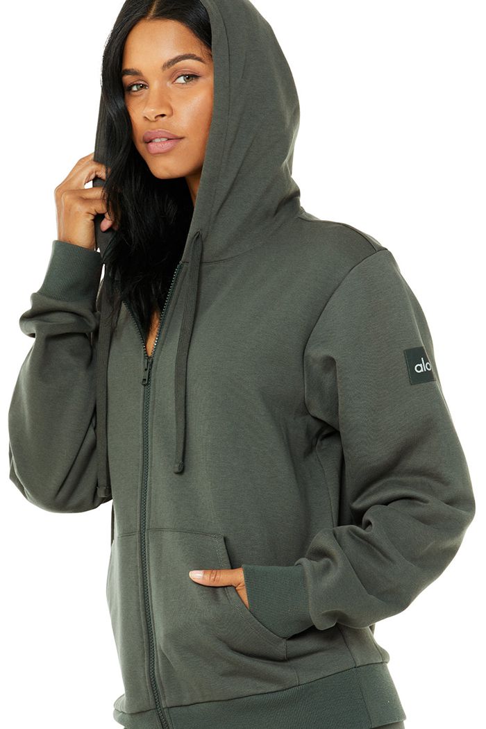 Alo Yoga Everyday Full Zip Hoodie Dam Mörkgröna | 3102968-ZG