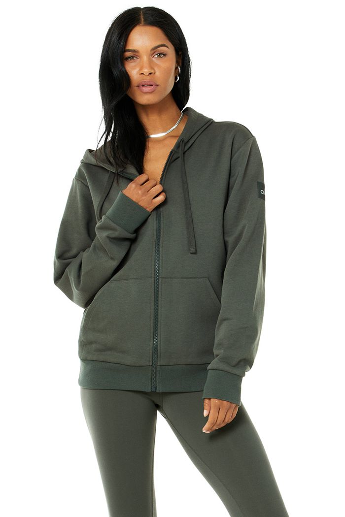 Alo Yoga Everyday Full Zip Hoodie Dam Mörkgröna | 3102968-ZG