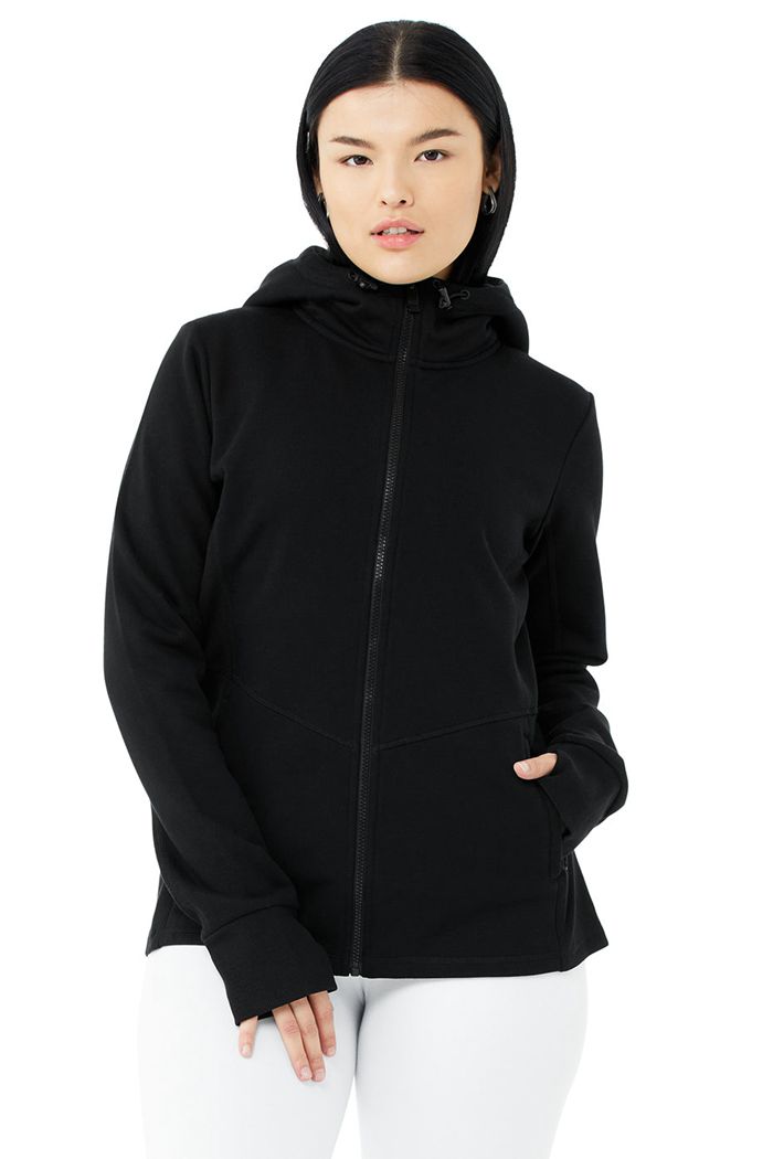 Alo Yoga Foundation Zip Hoodie Dam Svarta | 7680235-OY