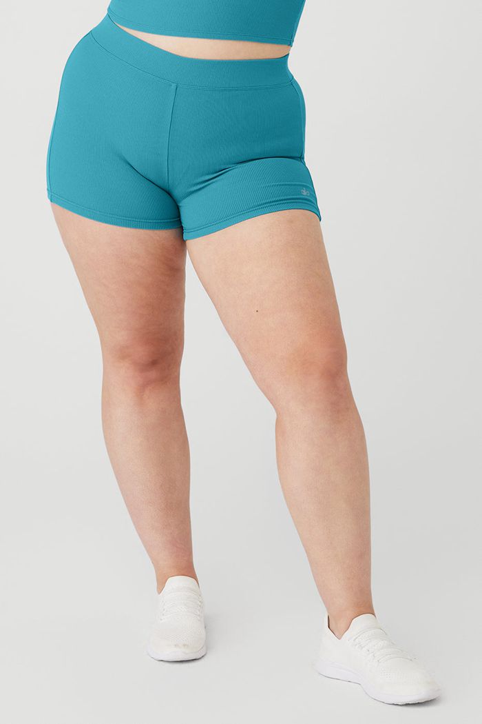 Alo Yoga Goddess Ribbed High-Midja Hot Short Dam Blå | 4273165-IM