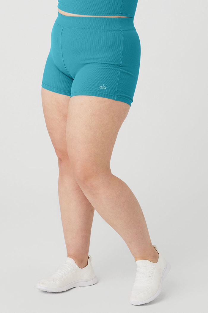 Alo Yoga Goddess Ribbed High-Midja Hot Short Dam Blå | 4273165-IM