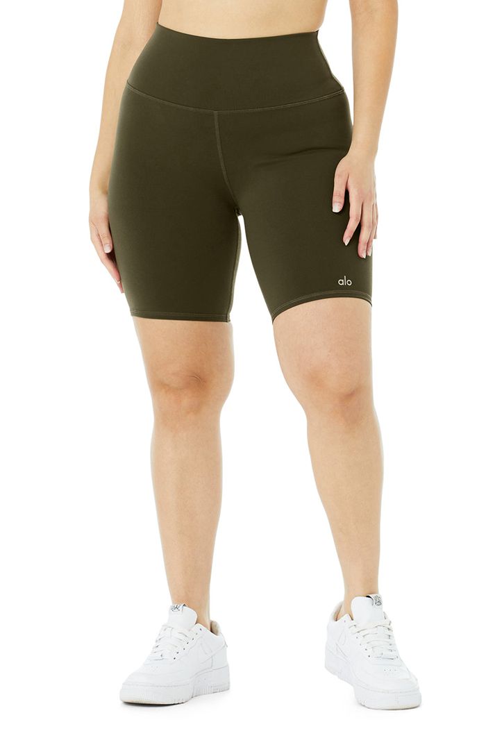 Alo Yoga High-Midja Biker Short Dam Mörkolivgröna | 6534029-CY