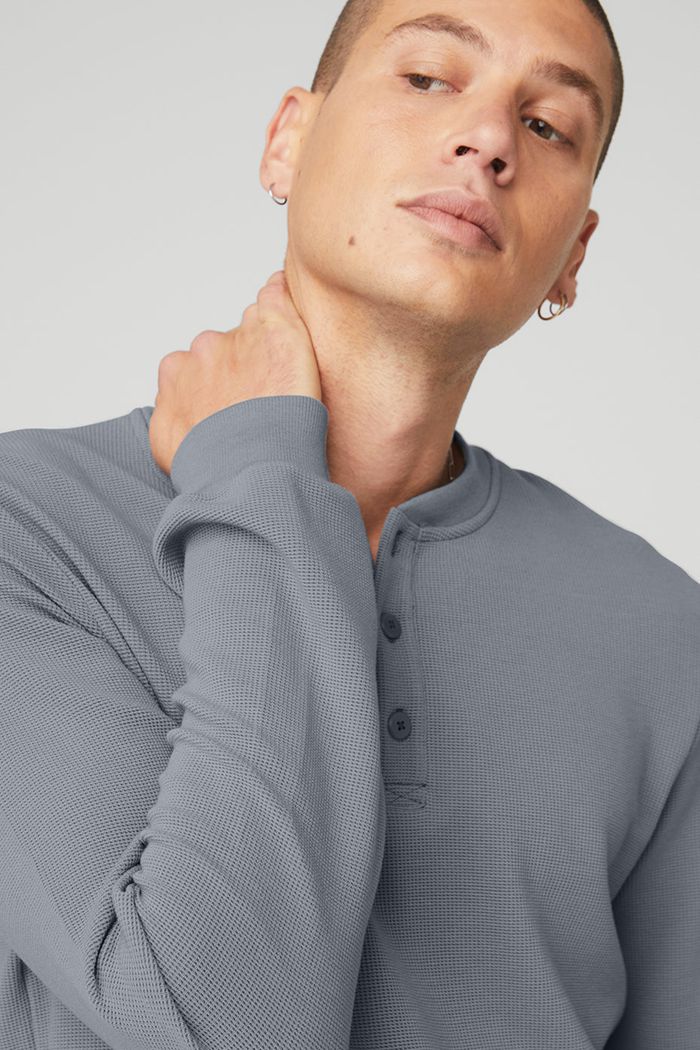 Alo Yoga Micro Waffle Fast Break Henley Long Sleeve Herr Grå | 1452908-JP