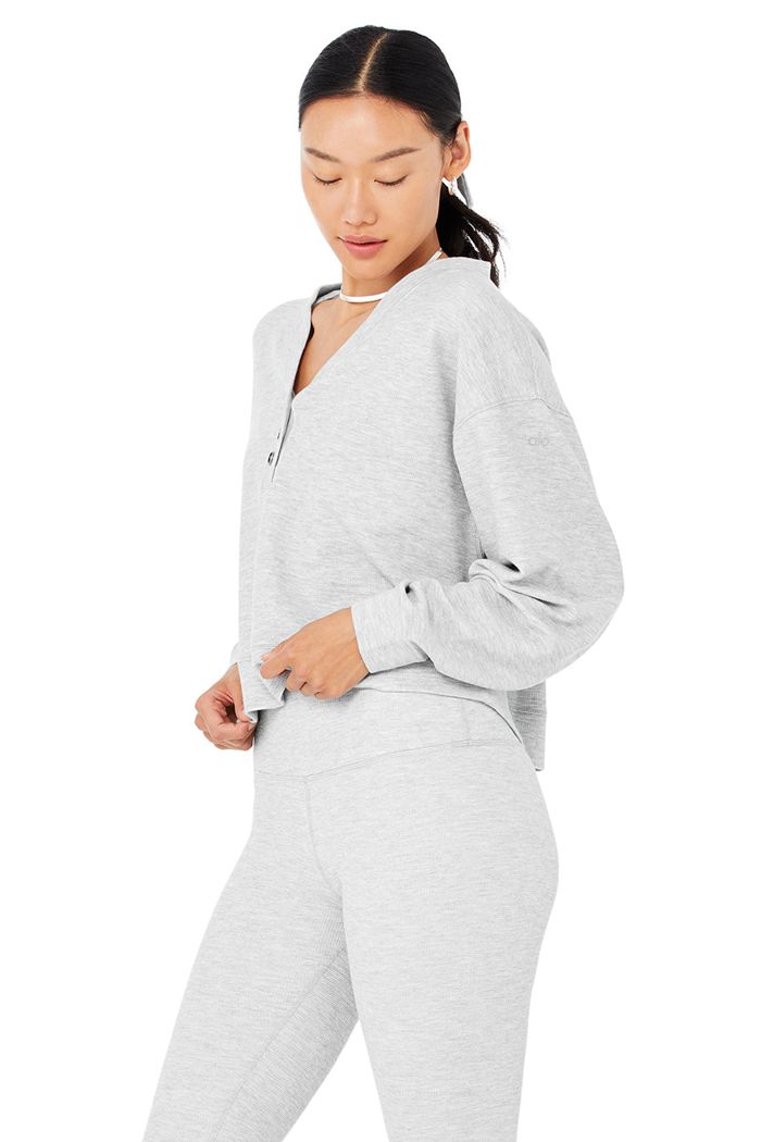 Alo Yoga Micro Waffle Pleasant Cropped Henley Long Sleeve Dam Grå | 2476083-BC