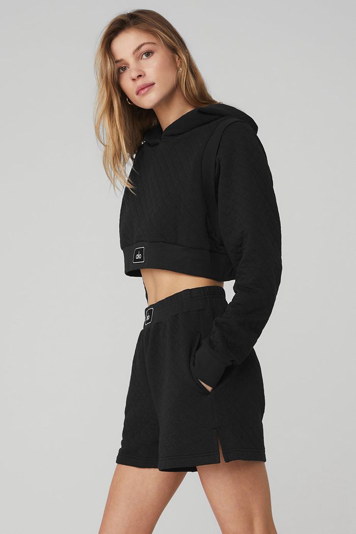 Alo Yoga Quilted Cropped Arena Hoodie Dam Svarta | 1976502-MR