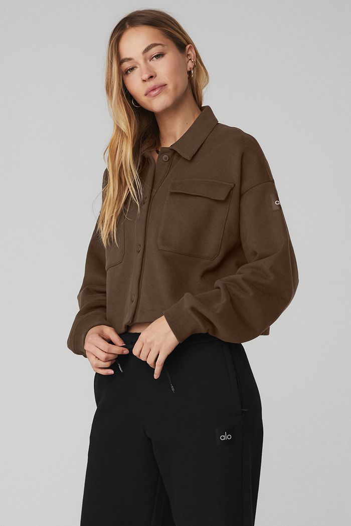 Alo Yoga Renown Cropped Button-Up Sweatshirt Dam Svarta | 6701983-JW