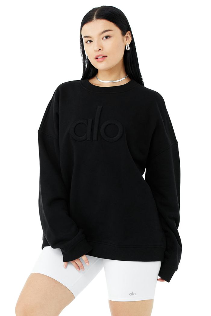 Alo Yoga Renown Heavy Weight Emblem Crew Neck Sweatshirt Dam Svarta | 5674938-PC