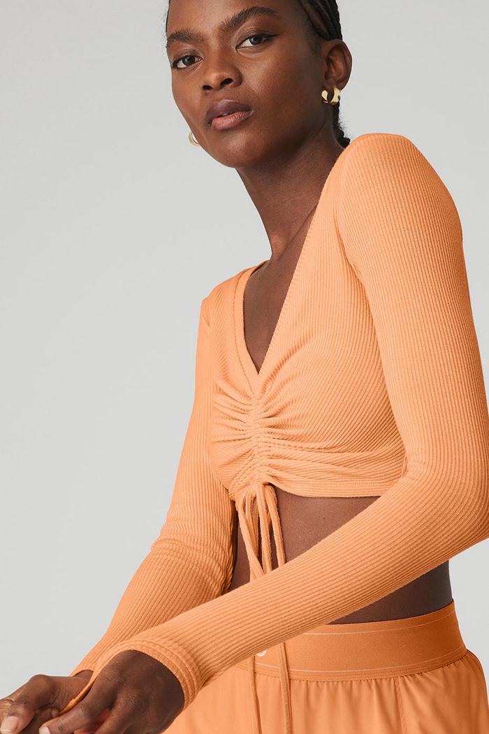 Alo Yoga Ribbed Cinch Cropped Long Sleeve Dam Orange | 5843627-IZ