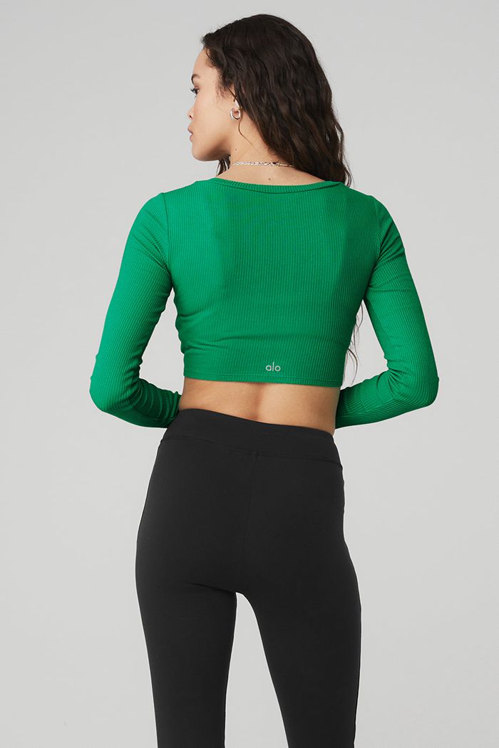 Alo Yoga Ribbed Cinch Cropped Long Sleeve Dam Gröna Turkos | 8721659-PG