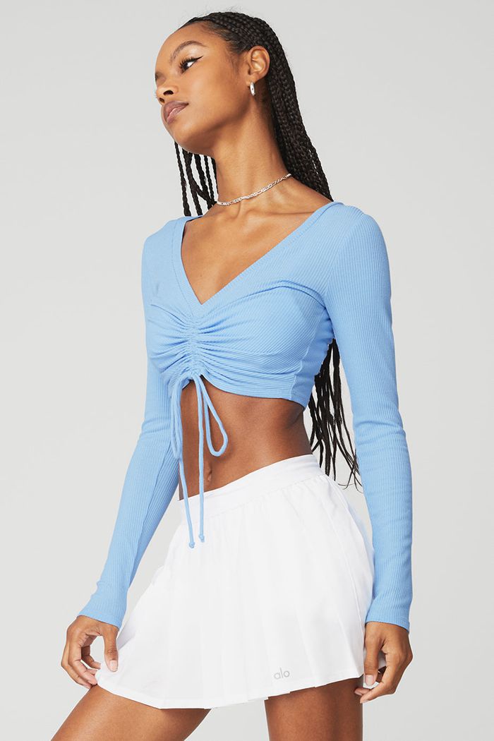 Alo Yoga Ribbed Cinch Cropped Long Sleeve Dam Blå | 9658374-KP