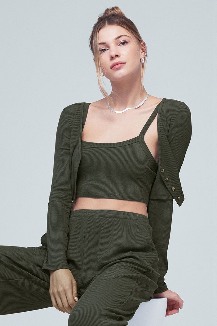 Alo Yoga Ribbed Crop Whisper BH Dam Mörkgröna | 8640739-YP