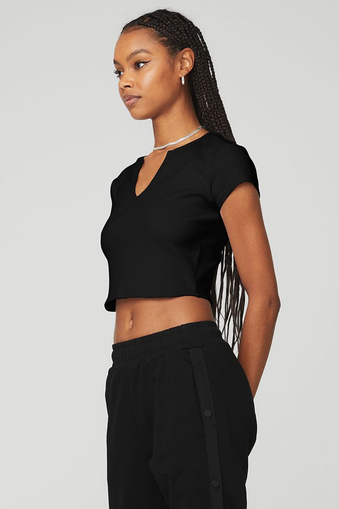 Alo Yoga Ribbed Cropped Savvy Short Sleeve Dam Svarta | 4789036-KU