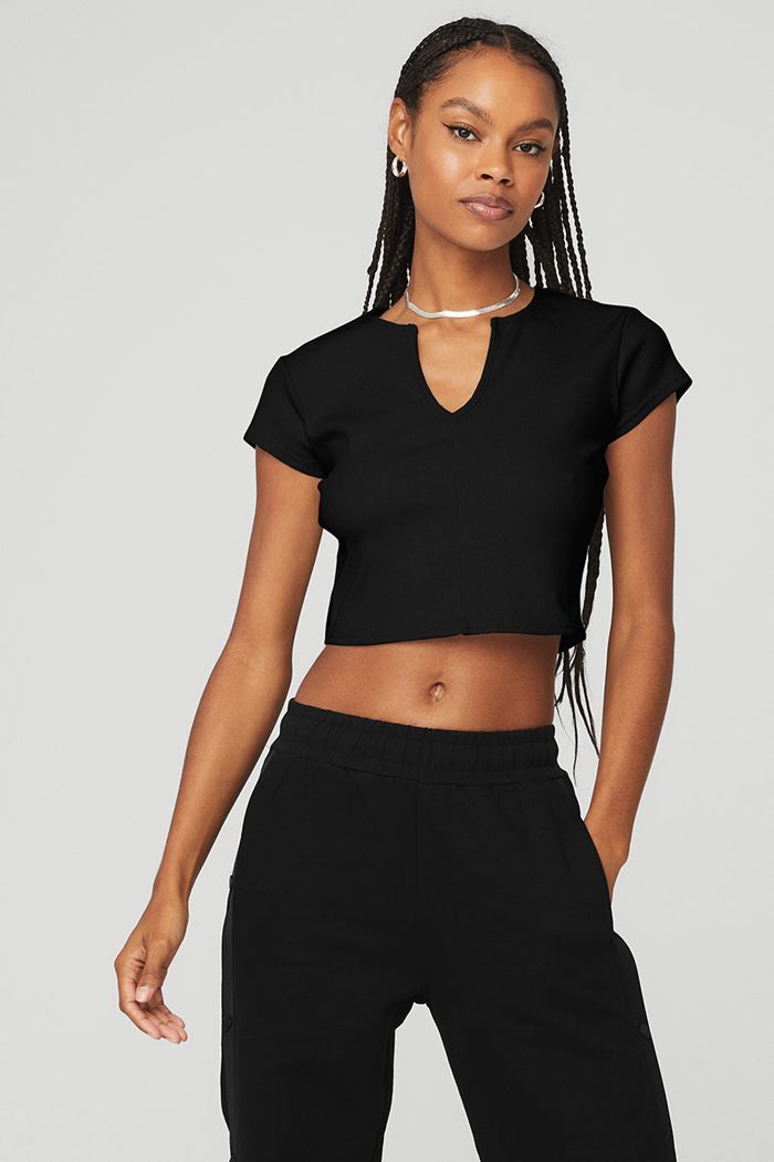 Alo Yoga Ribbed Cropped Savvy Short Sleeve Dam Svarta | 4789036-KU