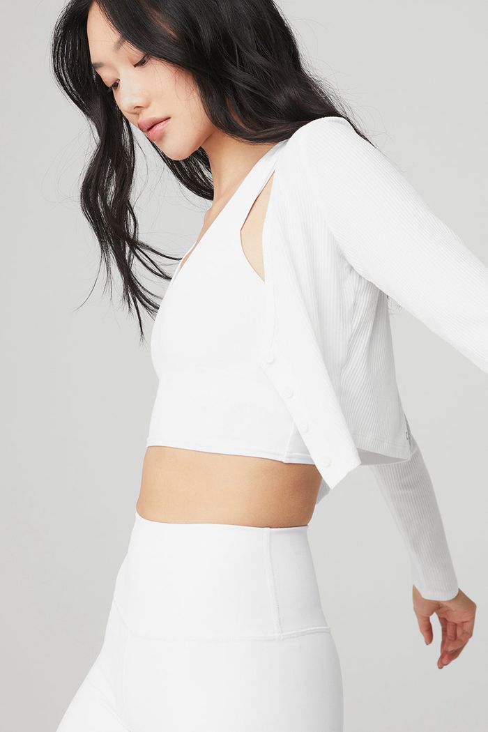 Alo Yoga Ribbed Cropped Whisper Cardigan Dam Vita | 5398071-RA