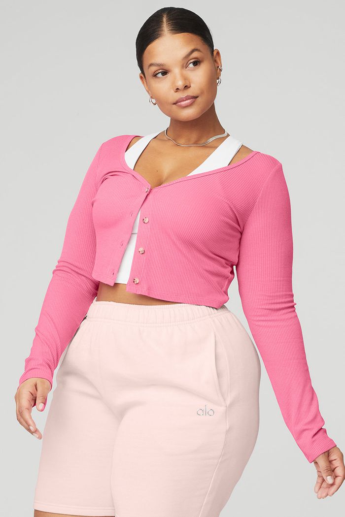 Alo Yoga Ribbed Cropped Whisper Cardigan Dam Rosa Fuchsia | 7215093-TC