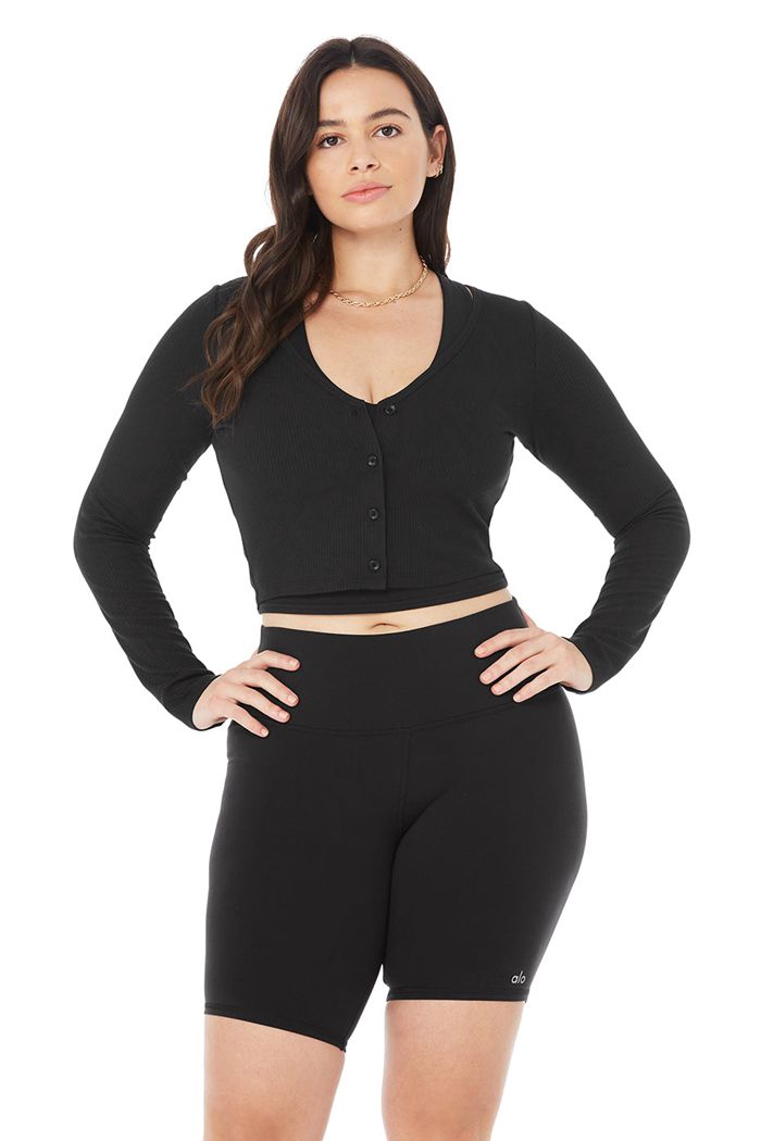 Alo Yoga Ribbed Cropped Whisper Cardigan Dam Svarta | 8432670-OU