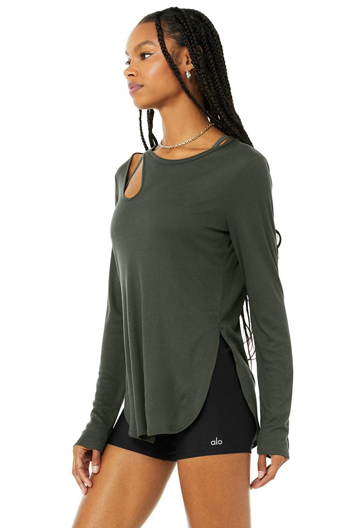 Alo Yoga Ribbed Peak Long Sleeve Dam Mörkgröna | 3570842-BN