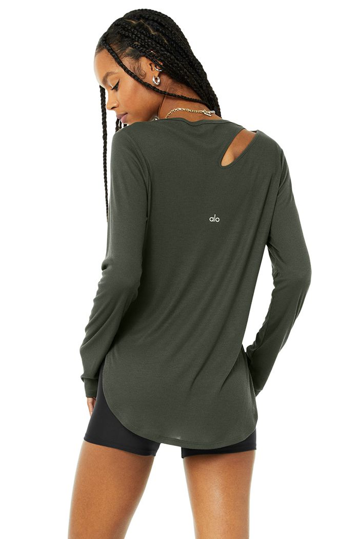 Alo Yoga Ribbed Peak Long Sleeve Dam Mörkgröna | 3570842-BN