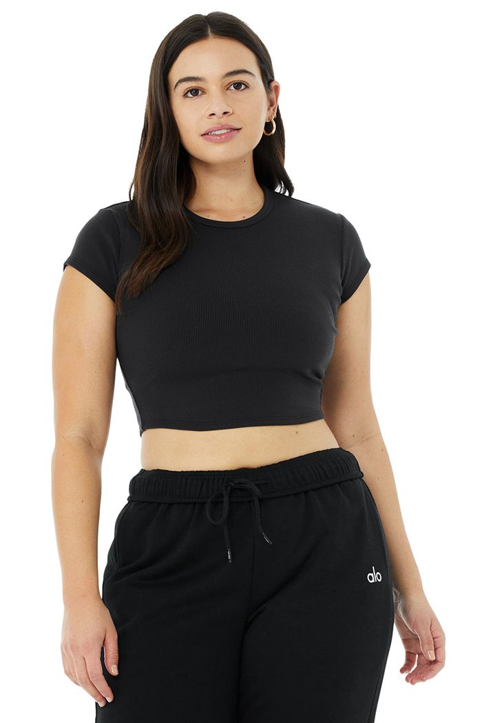 Alo Yoga Ribbed Short Sleeve Dam Svarta | 7948605-FQ