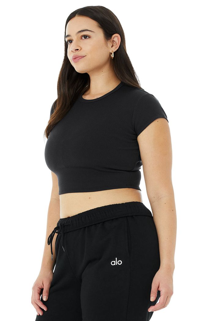 Alo Yoga Ribbed Short Sleeve Dam Svarta | 7948605-FQ