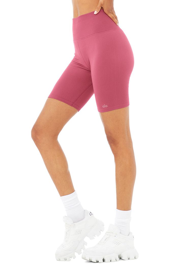 Alo Yoga Seamless High-Midja Ribbed Biker Short Dam Lila | 8421693-KI