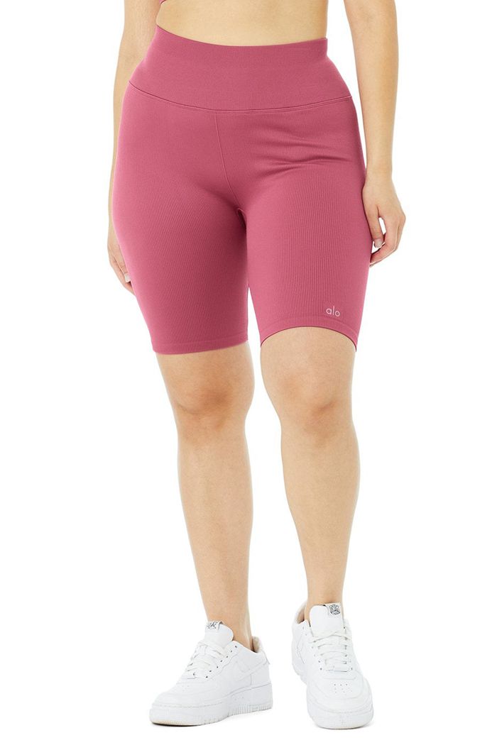 Alo Yoga Seamless High-Midja Ribbed Biker Short Dam Lila | 8421693-KI