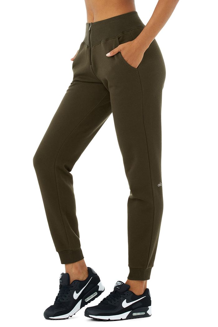 Alo Yoga Slick Zip Front Sweat Byxor Dam Mörkolivgröna | 5680193-WJ