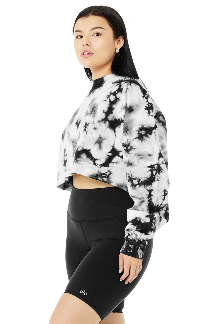 Alo Yoga Tie-Dye Extreme Crop Crew Neck Long Sleeve Dam Svarta Vita | 7153296-DG